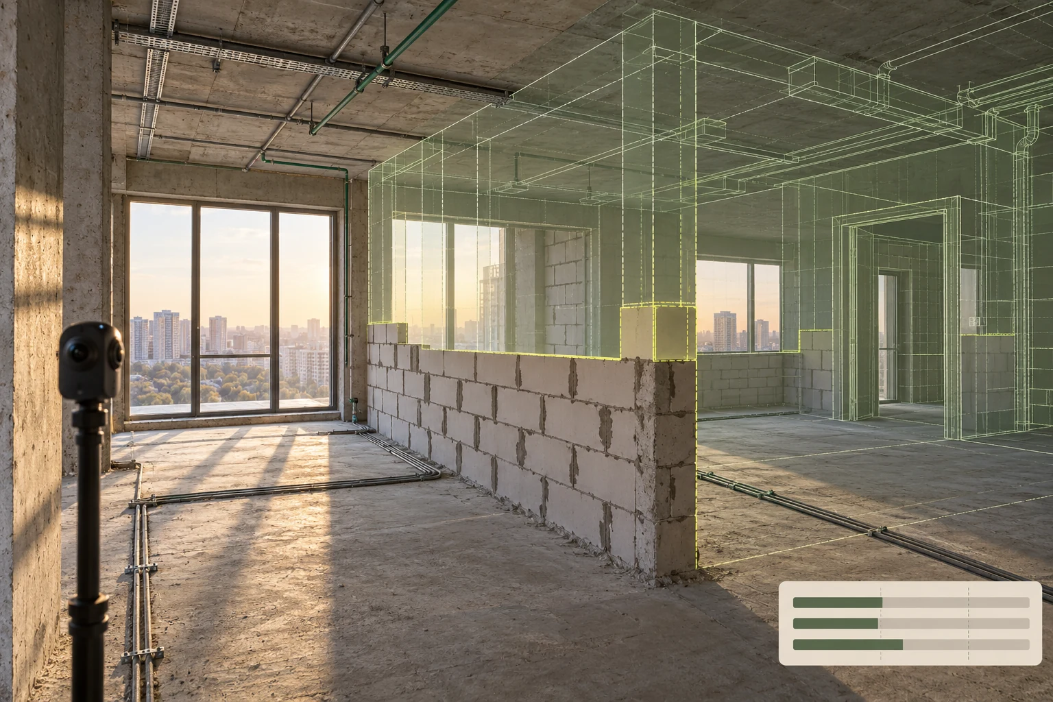 Иллюстрация Atlas: незавершённая перегородка сопоставлена с BIM-моделью и графиком работ